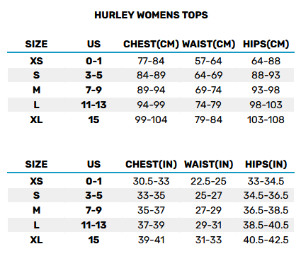 2025 Hurley Womens Tops  Size Chart